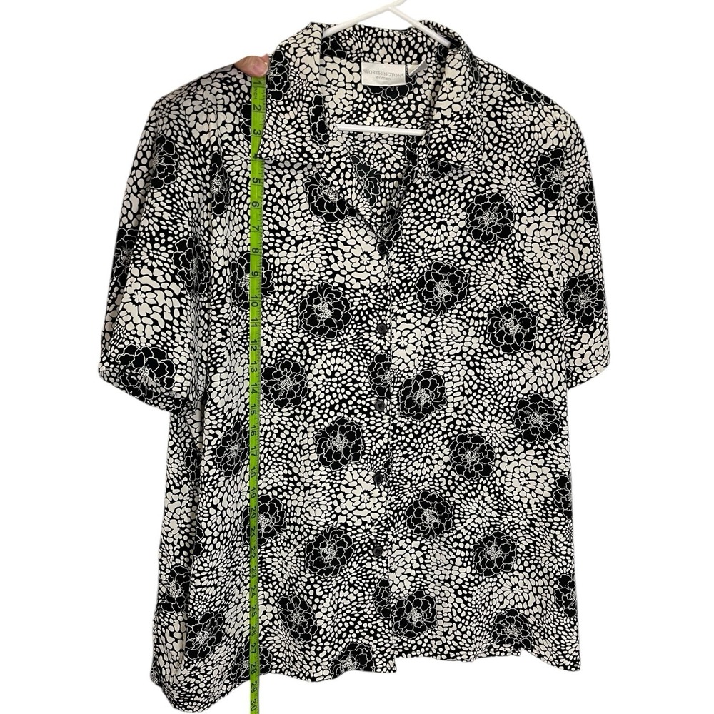 Worthington 2X Black White Floral Blouse Short Sleeve Button Down Officecore Mod